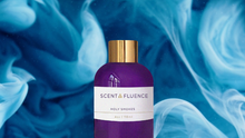 Load image into Gallery viewer, Purple bottle with gold cap on a blue and white smoke background, featuring ScentFluence scent oli
