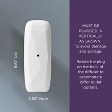 Load image into Gallery viewer, White scent diffuser with dimensions and usage instructions on a gray and purple background